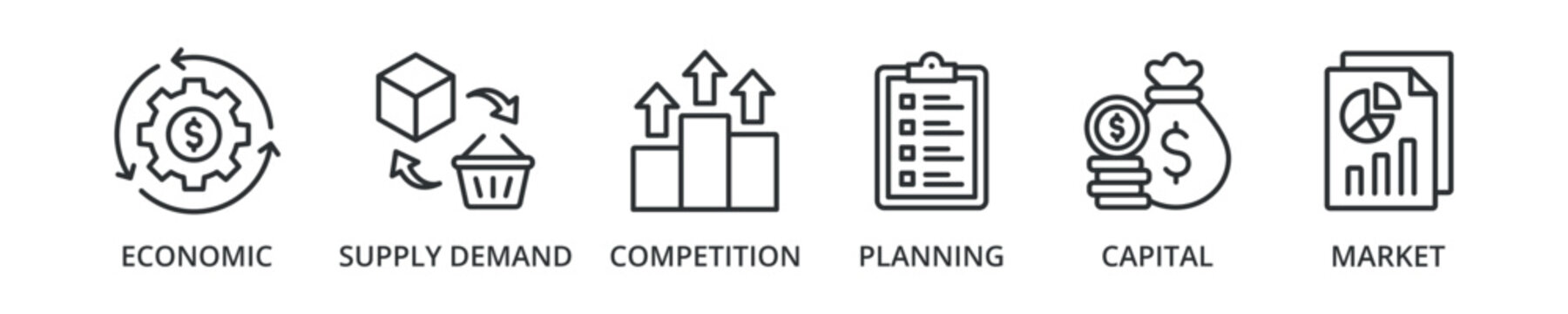 Market economy banner icon with economic, supply demand, competition, planning, capital, market