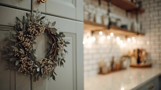A wreath is hanging on a cabinet door in a kitchen. Close-up of small Christmas wreath hanging on a kitchen cabinet, clean minimalist aesthetic, small space christmas decor