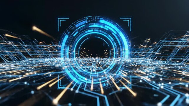 A futuristic abstract technology background featuring digital fractal realms and dark cyberspace textures intertwined with glowing science data code and numeric elements for a sophisticated design con