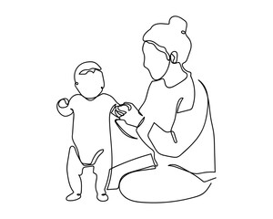 A single, continuous line a mother is teaching her little one to walk. simple line art illustration. Editable stroke.