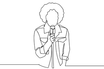 A single, continuous line shows a man in jeans singing into a retro microphone. simple line art illustration. Editable stroke.