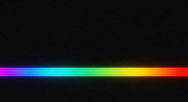 A horizontal rainbow neon light beam on a dark grainy background illustrates the visible color spectrum for optical physics education or retro vhs glitch video editing overlay effects