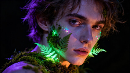 Ethereal portrait of a handsome man as a forest elf or sprite. His face is decorated with glowing green ferns, moss, and fantasy glitter makeup.