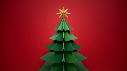 Fototapeta premium Minimalist christmas tree on red background with golden star on top conveying simple holiday elegance and festive cheer through clean graphic design minimal aesthetic christmas season celebration