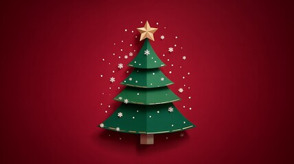 Christmas tree illustration with falling snowflakes and gold details on red background evoking festive holiday spirit and winter wonderland charm