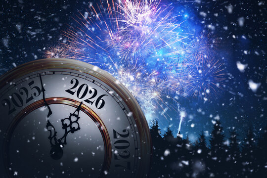 Explosive New Year's Eve celebration. An antique clock ticks towards 2026 under a spectacular display of blue and purple fireworks exploding over a snowy forest at midnight.