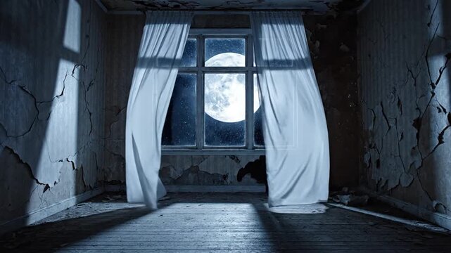 Abandoned room with cracked walls, moonlit curtains, desaturated blue tones eerie silence and decay
