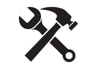 hammer and wrench logo silhouette vector, hand tool logo silhouette illustration, construction equipment logo, repair service wrench crossed over a hammer logo silhouettes vector on white background 
