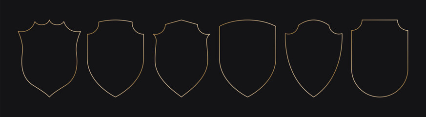 Golden shield frames. Geometric luxury gold borders, simple elegant thin line decorative shapes for wedding birthday card design, heraldic arch badges. Vector set