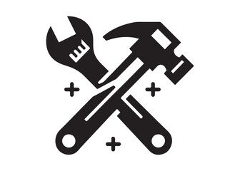 hammer and wrench logo silhouette vector, hand tool logo silhouette illustration, construction equipment logo, repair service wrench crossed over a hammer logo silhouettes vector on white background 