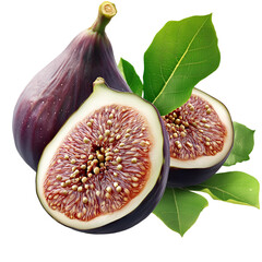 Fresh figs with green leaves on transparent background