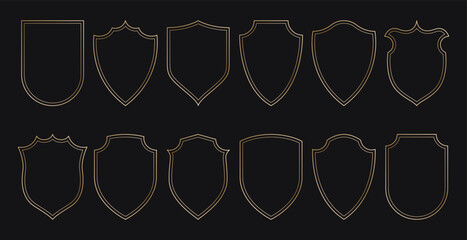 Golden shield frames. Geometric luxury gold borders, simple elegant linear decorative shapes for wedding birthday card design, heraldic arch badges. Vector set