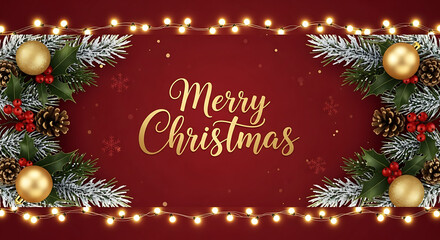 Obraz premium Elegant merry christmas greeting card design with golden text, festive border of pine branch, bauble, pinecone, and glowing light string on deep red background