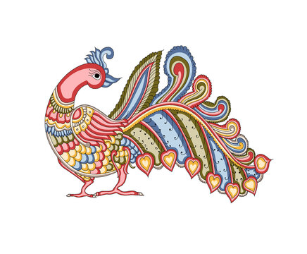 Traditional Indian Folk Art Peacock Illustration with Decorative Floral Patterns