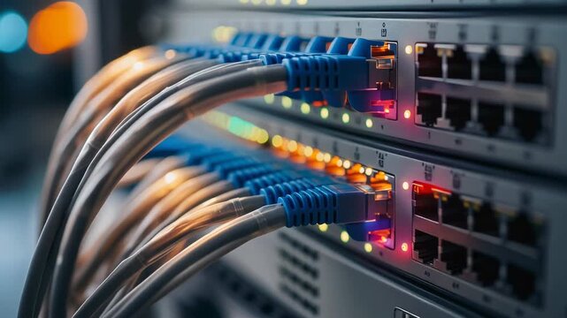 High-Tech Network Switch with Ethernet Cables and LED Indicators in a Data Center