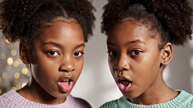 Twin sisters pouting and sticking out their tongues with a playful expression, looking at the camera