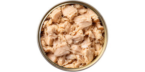 A high-angle, close-up shot captures an open, round metal can filled with light-colored, flaked fish, isolated on a black background. isolated on white background