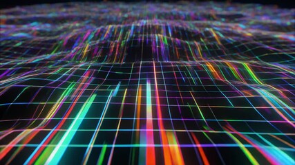 Abstract colorful glowing grid network futuristic data flow digital equalizer background spectrum neon lines loop animation - Powered by Adobe