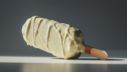 Plant-based ice cream bar on a wooden stick, smooth coating, minimalist food styling.