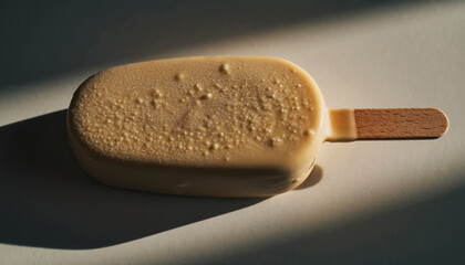 Plant-based ice cream bar on a wooden stick, smooth coating, minimalist food styling.