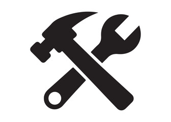 hammer and wrench logo silhouette vector, hand tool logo silhouette illustration, construction equipment logo, repair service wrench crossed over a hammer logo silhouettes vector on white background 