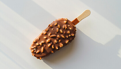 Creamy vanilla ice cream bar coated in chocolate with visible almond pieces, on a wooden stick. Clean isolated background.