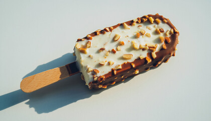 Creamy vanilla ice cream bar coated in chocolate with visible almond pieces, on a wooden stick. Clean isolated background.