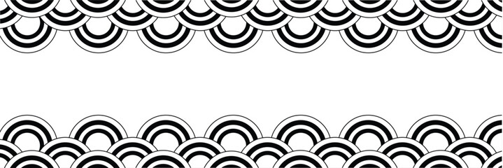  Top and bottom borders with traditional Japanese Seigaiha pattern and space for text. black and white sea or ocean waves print. fish squama or dragon scale. vector graphic illustration.