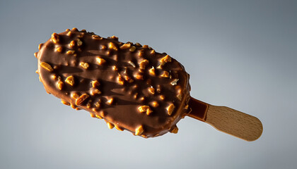 Creamy vanilla ice cream bar coated in chocolate with visible almond pieces, on a wooden stick. Clean isolated background.