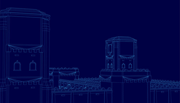 A modular fortress blueprint features a prominent clock tower in detailed wireframe style against a dark blue background.
