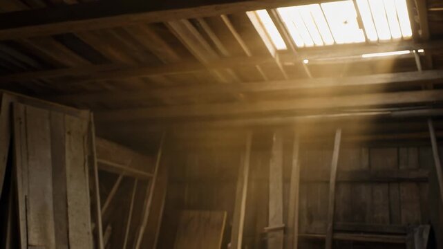 Golden light rays illuminating swirling dust particles in an old rustic wooden attic or abandoned barn creating a serene and nostalgic atmosphere