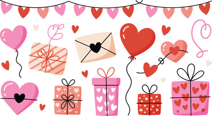 Cute Valentine Hearts and Gift Boxes Vector Set with Love Doodles