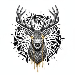 majestic stag head illustration with shattered geometric halo and dripping paint creating modern wildlife emblem