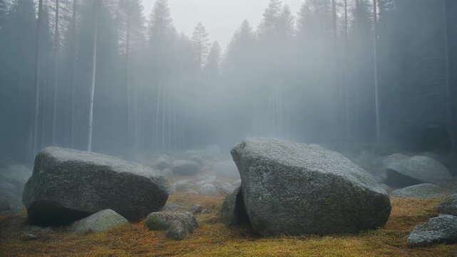 Mysterious foggy forest landscape with large ancient rocks and tall pine trees in a tranquil and atmospheric natural setting