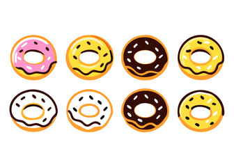 Fototapeta premium Set of cartoon colorful donuts isolated on white background. The view from the top and from the side. Vector illustration