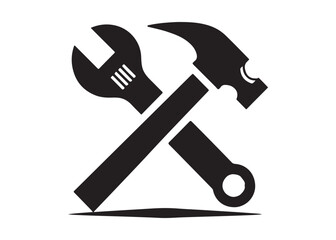 hammer and wrench logo silhouette vector, hand tool logo silhouette illustration, construction equipment logo, repair service wrench crossed over a hammer logo silhouettes vector on white background 