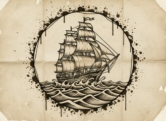 vintage sailing ship illustration within inked circle evoking exploration journey and timeless maritime adventure