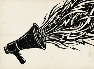 megaphone transforming into chaotic sound shards symbolizing amplified voices unrest and disruptive communication