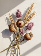 dried botanical still life with wheat and poppy pods in soft natural light studio setting