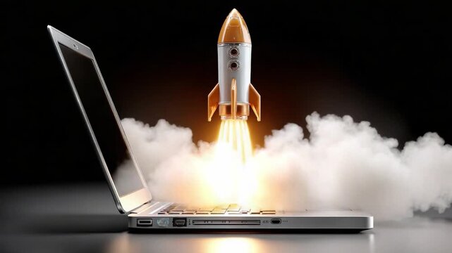 Digital Ascent: A symbolic image featuring a rocket launch rising from an open laptop, representing technological innovation, progress, and the digital frontier.