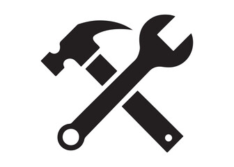 hammer and wrench logo silhouette vector, hand tool logo silhouette illustration, construction equipment logo, repair service wrench crossed over a hammer logo silhouettes vector on white background 