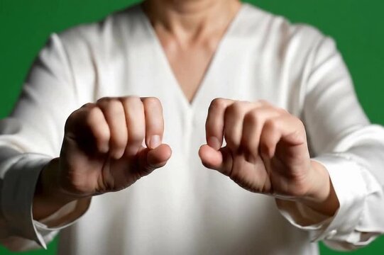 Person in white shirt making OK hand gestures on green background