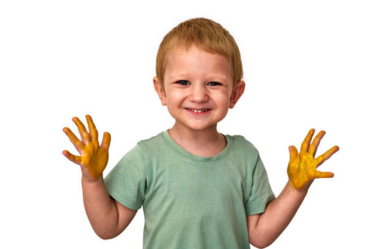 Smiling Toddler Showing Painted Hands Isolated on White Background