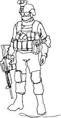 Continuous line illustration of armed soldiers in various poses. Minimal one line military figures in modern uniform style, suitable for posters, banners, editorial design, and conceptual graphics.