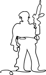 Continuous line illustration of armed soldiers in various poses. Minimal one line military figures in modern uniform style, suitable for posters, banners, editorial design, and conceptual graphics.