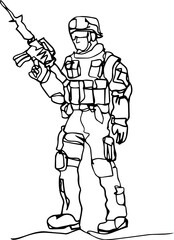 Continuous line illustration of armed soldiers in various poses. Minimal one line military figures in modern uniform style, suitable for posters, banners, editorial design, and conceptual graphics.