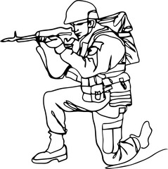 Continuous line illustration of armed soldiers in various poses. Minimal one line military figures in modern uniform style, suitable for posters, banners, editorial design, and conceptual graphics.