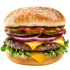 Juicy cheeseburger with sesame seed bun on transparent background