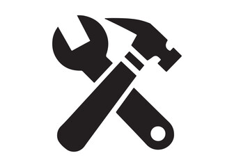 hammer and wrench logo silhouette vector, hand tool logo silhouette illustration, construction equipment logo, repair service wrench crossed over a hammer logo silhouettes vector on white background 