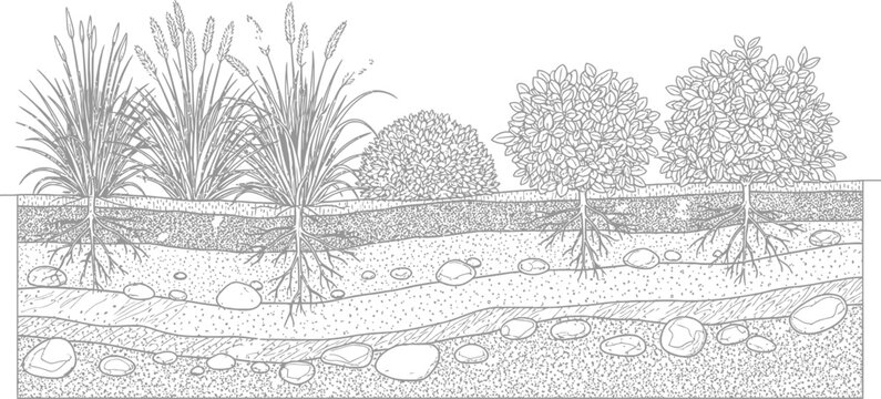 Detailed plant root system cross section showing soil layers